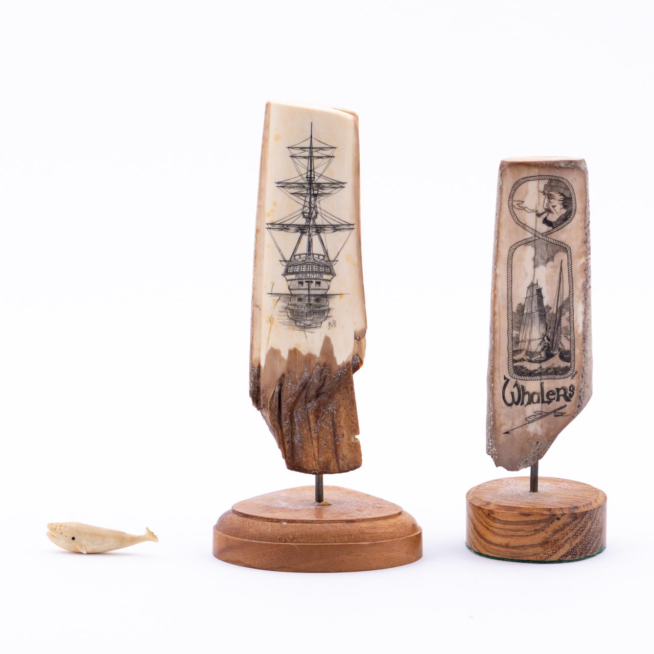3PC, 2 SCRIMSHAW WHALE TEETH, 1
