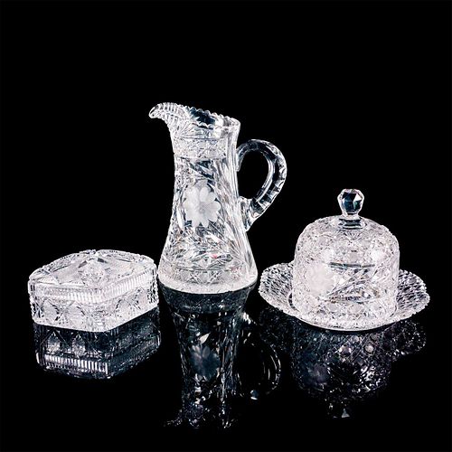 3PC AMERICAN CUT GLASS CHEESE DOME,