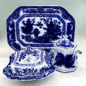 3PC ANTIQUE FLOW BLUE P. W. &