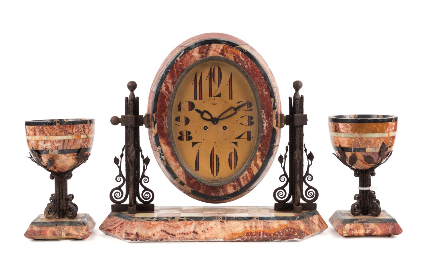 3PC ART DECO MARBLE CLOCK GARNITURE
