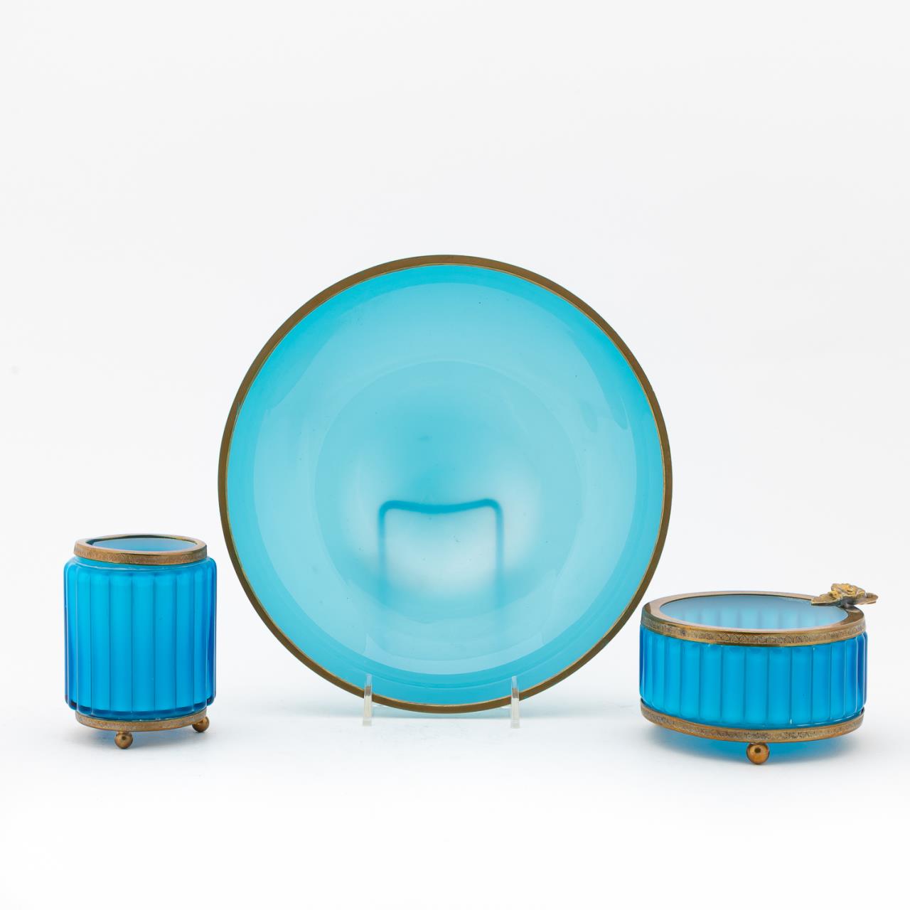 3PC, FRENCH BLUE OPALINE GLASS