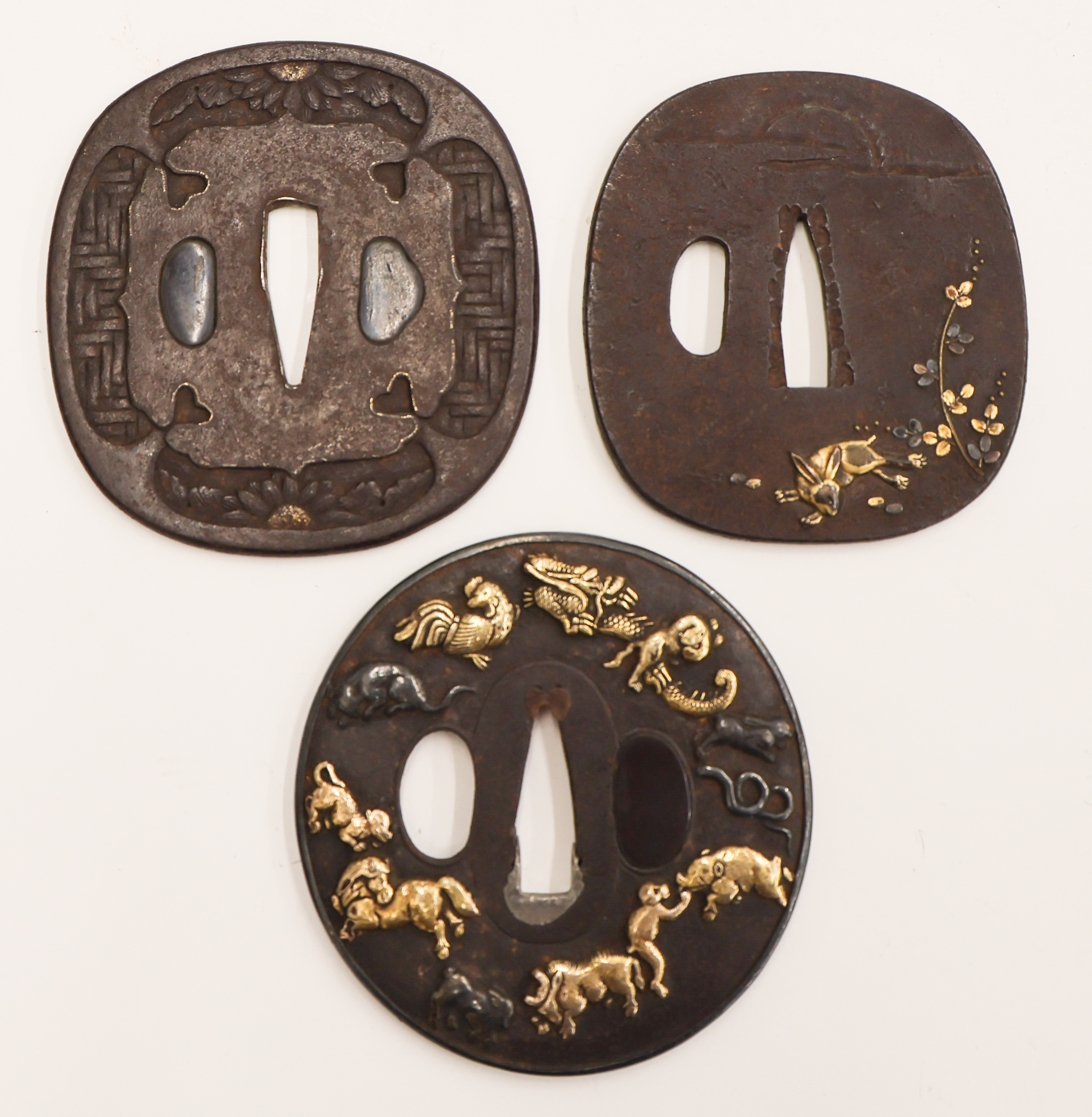 3pc Japanese Inlaid Iron Tsubas 3''