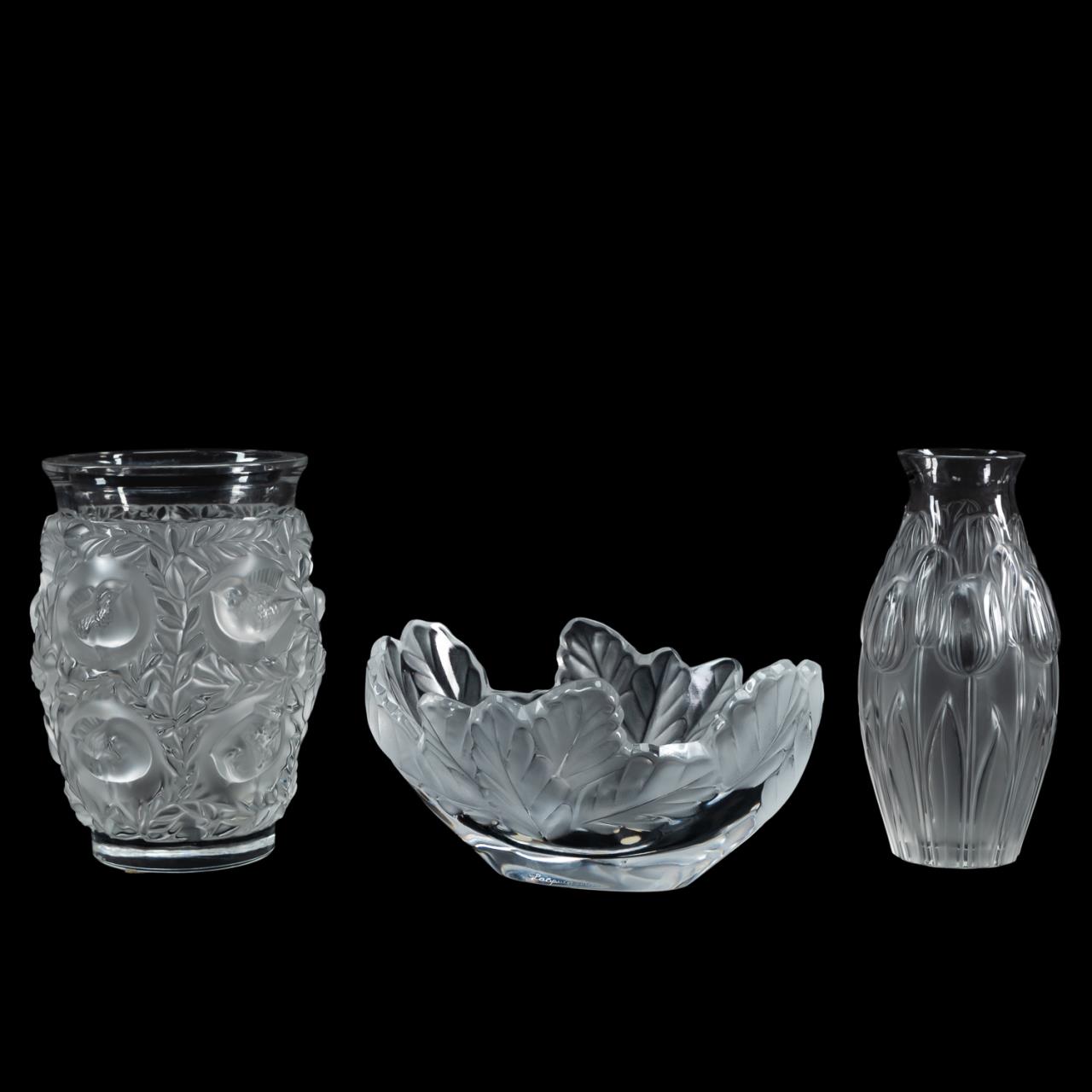 3PC LALIQUE CRYSTAL, VASES &