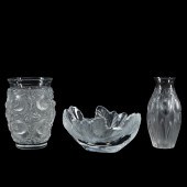 3PC LALIQUE CRYSTAL, VASES & B