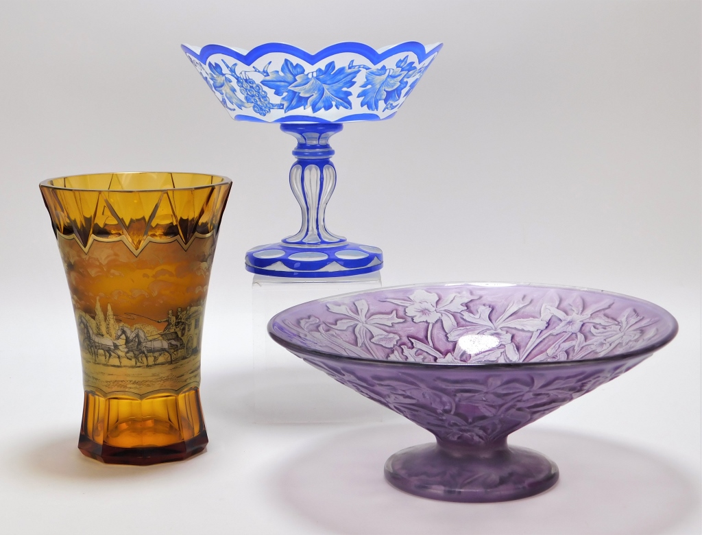 3PC MOSER & BOHEMIAN ART GLASS