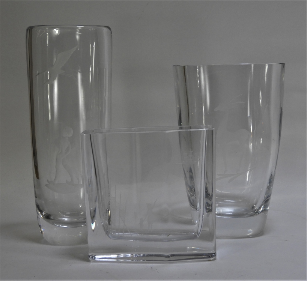 3PC ORREFORS FIGURAL ETCHED CRYSTAL