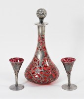 3PC RUBY GLASS SILVER OVERLAY