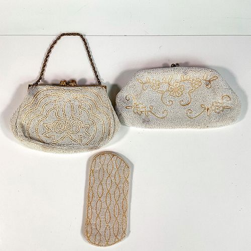 3PC VINTAGE WHITE BEADED PURSES AND