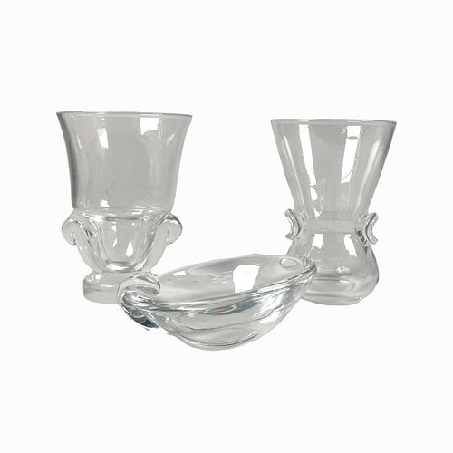 3PCS STEUBEN GLASS ITEMS: 2 VASES &