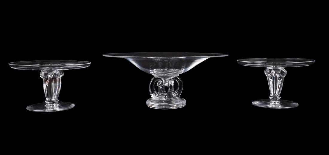 3PCS STEUBEN GLASS TWO TAZZAS AND