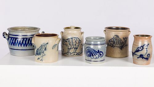 4 ANIMAL DECORATED STONEWARE CROCKS
