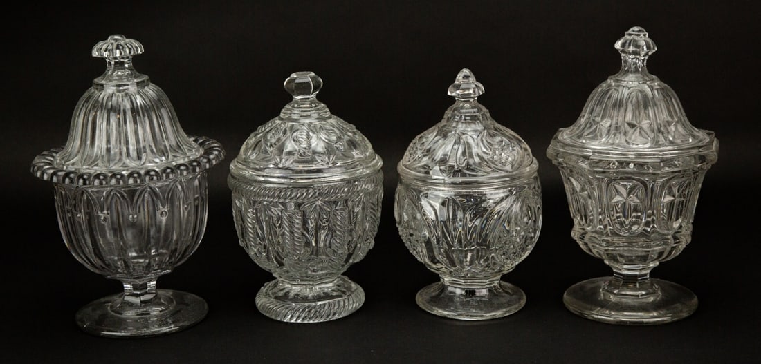 4 ANTIQUE LIDDED APOTHECARY PRESSED