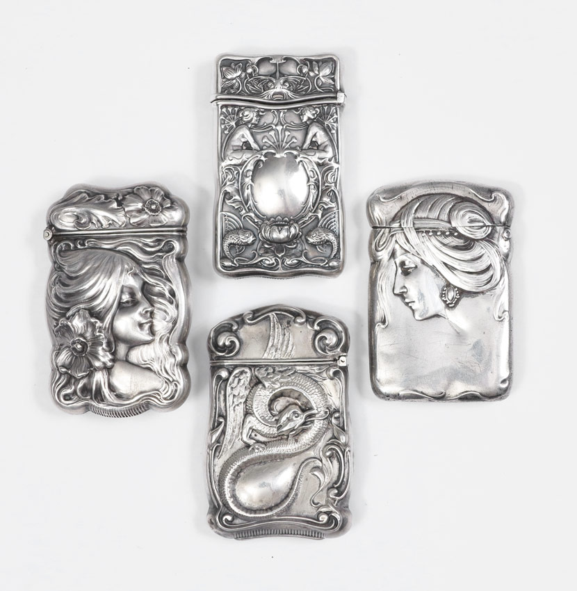 4 ART NOUVEAU STERLING MATCH SAFES: