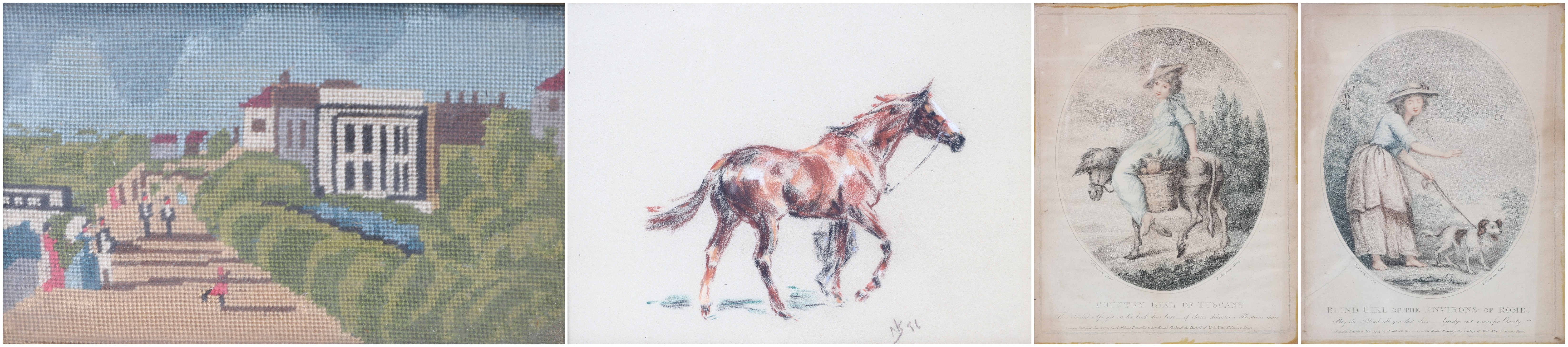 (4) Art prints and needlepoint to