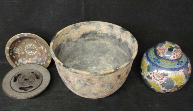 4 Asian Pieces. Antique footed pot,
