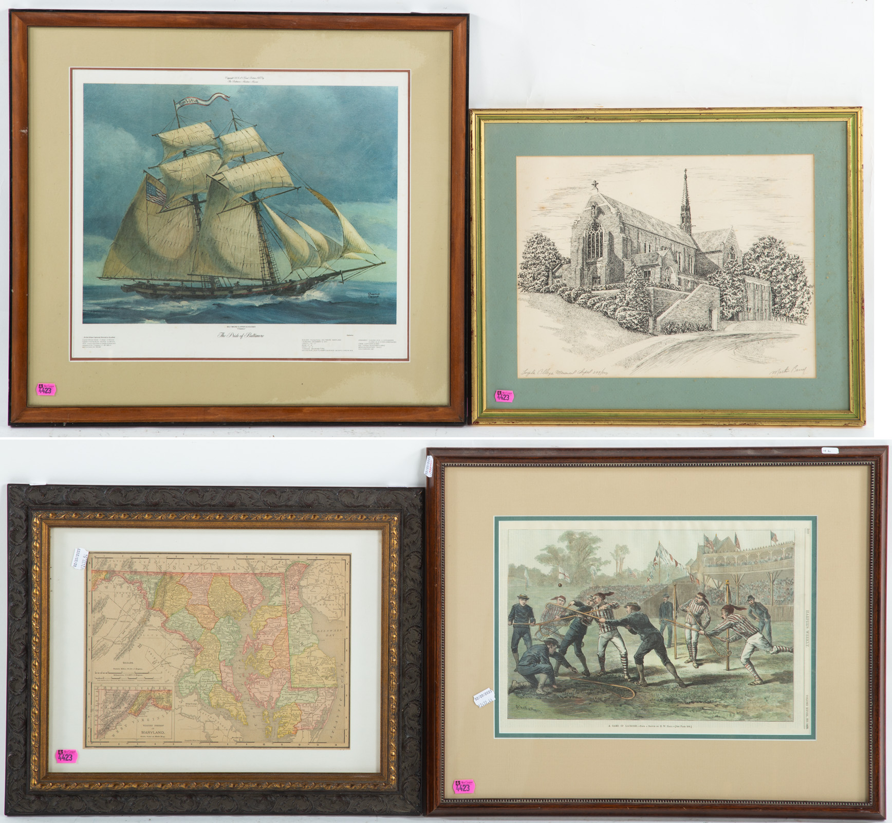 4 ASSORTED FRAMED PRINTS, MOSTLY