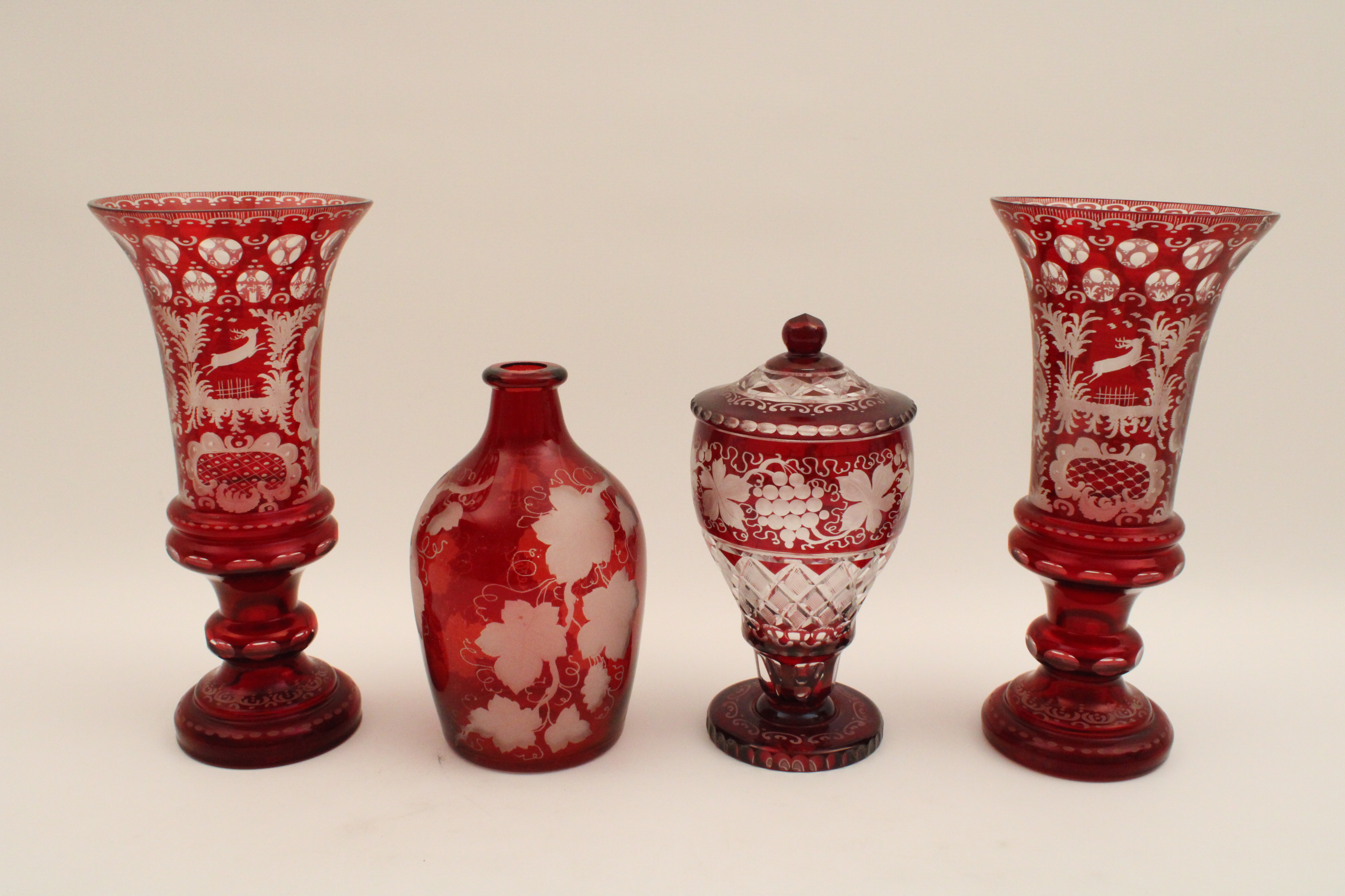 4 BOHEMIAN CUT TO CLEAR VASES GROUP