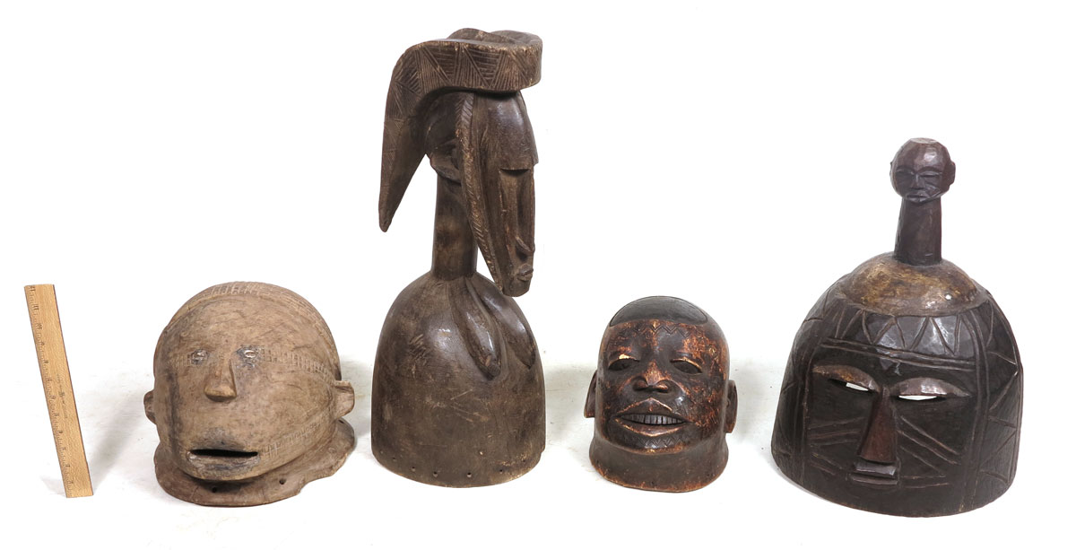 4 CARVED AFRICAN HELMET MASKS: 24''