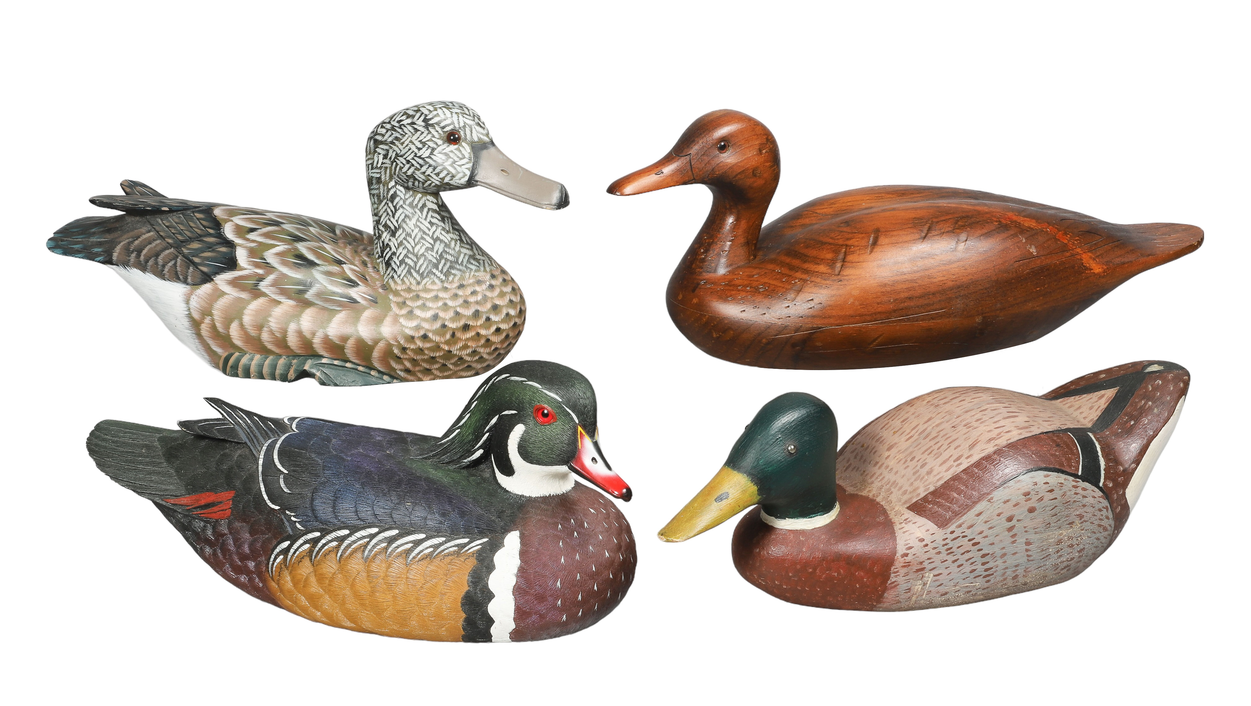 (4) Carved wood duck decoys,