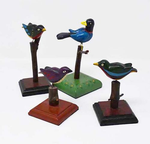 4 CARVED WOODEN BIRDS SIGNED TOM