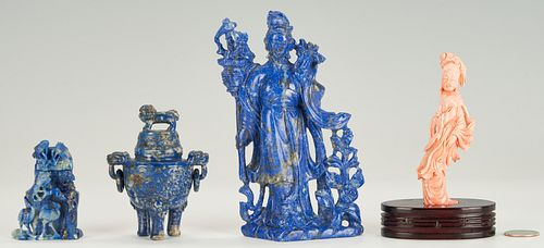 4 CHINESE CARVED ITEMS, LAPIS AND