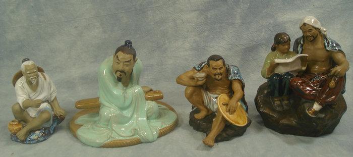 4 Chinese mud figurines, 5" to 7
