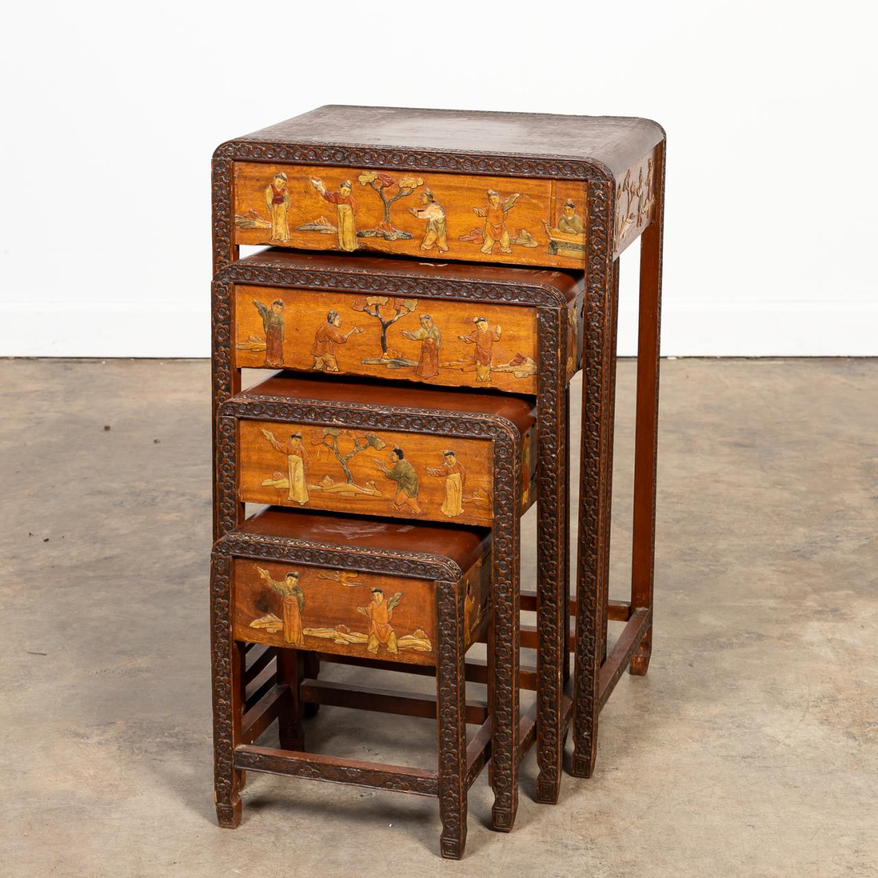 4 CHINESE STYLE NESTING TABLES W/
