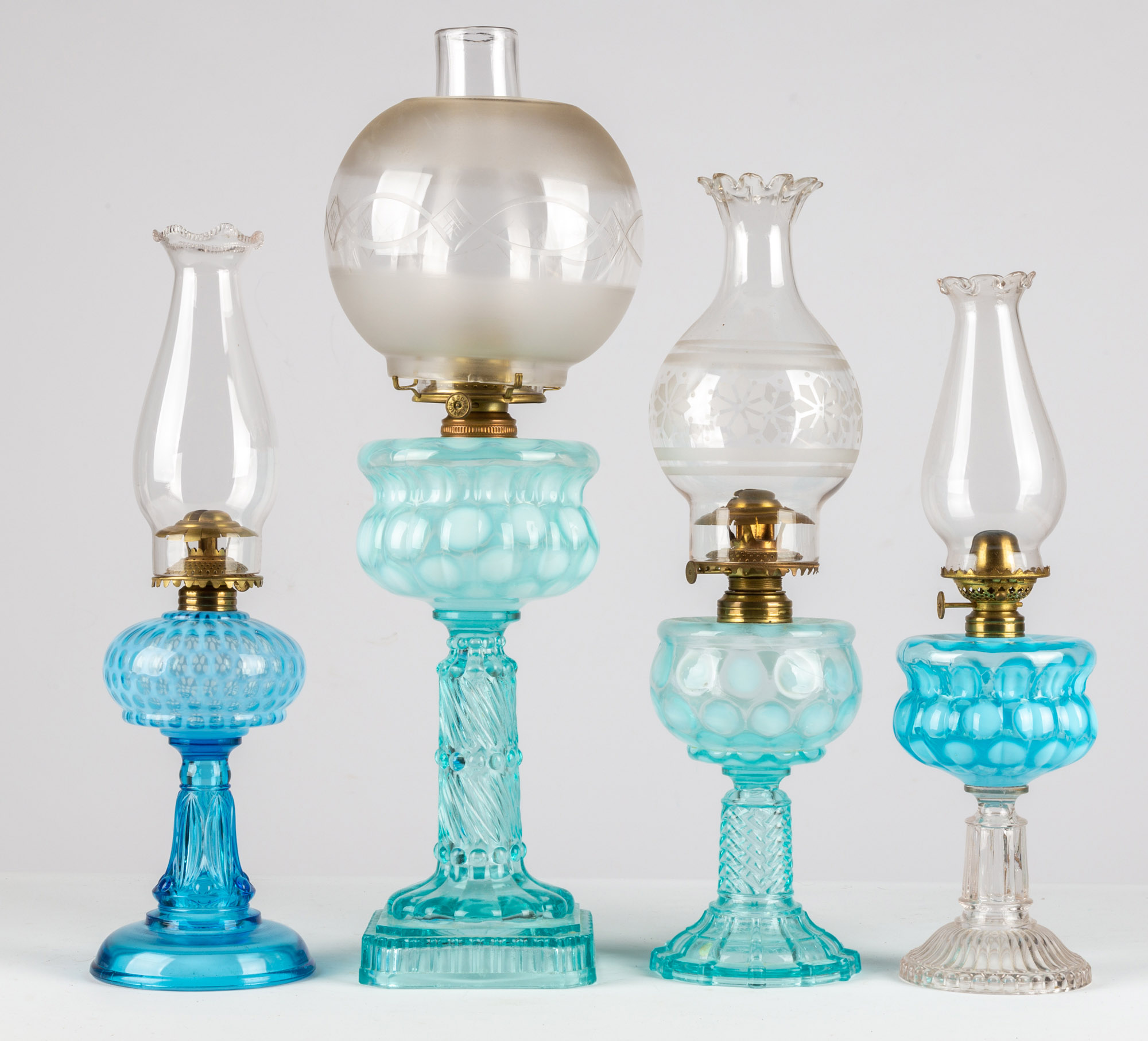 (4) COIN SPOT/DOT OIL LAMPS circa
