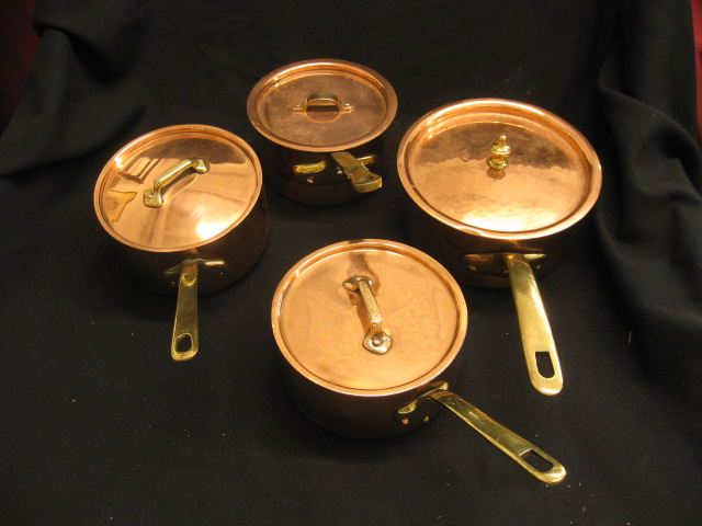 4 Copper Pots with Lids brass