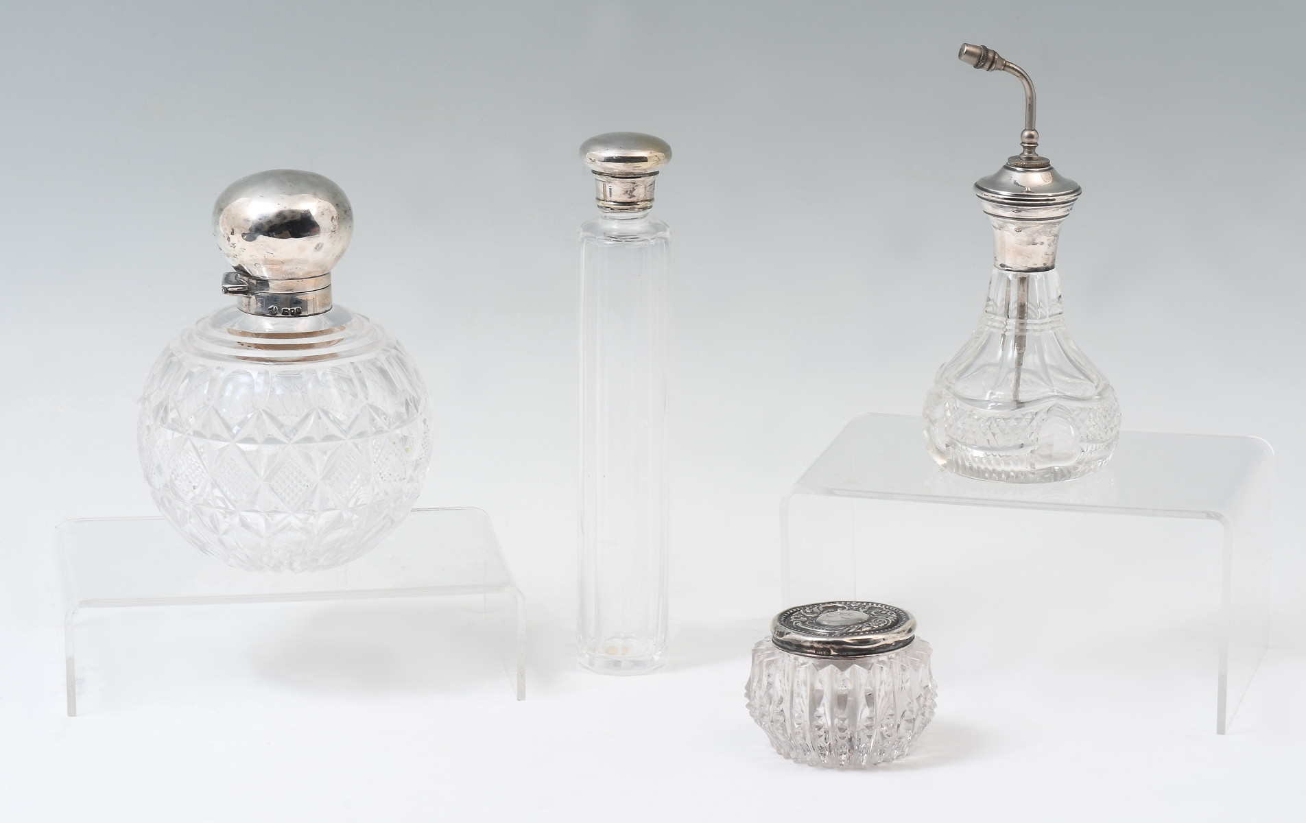 4 CUT GLASS VANITY BOTTLES WITH