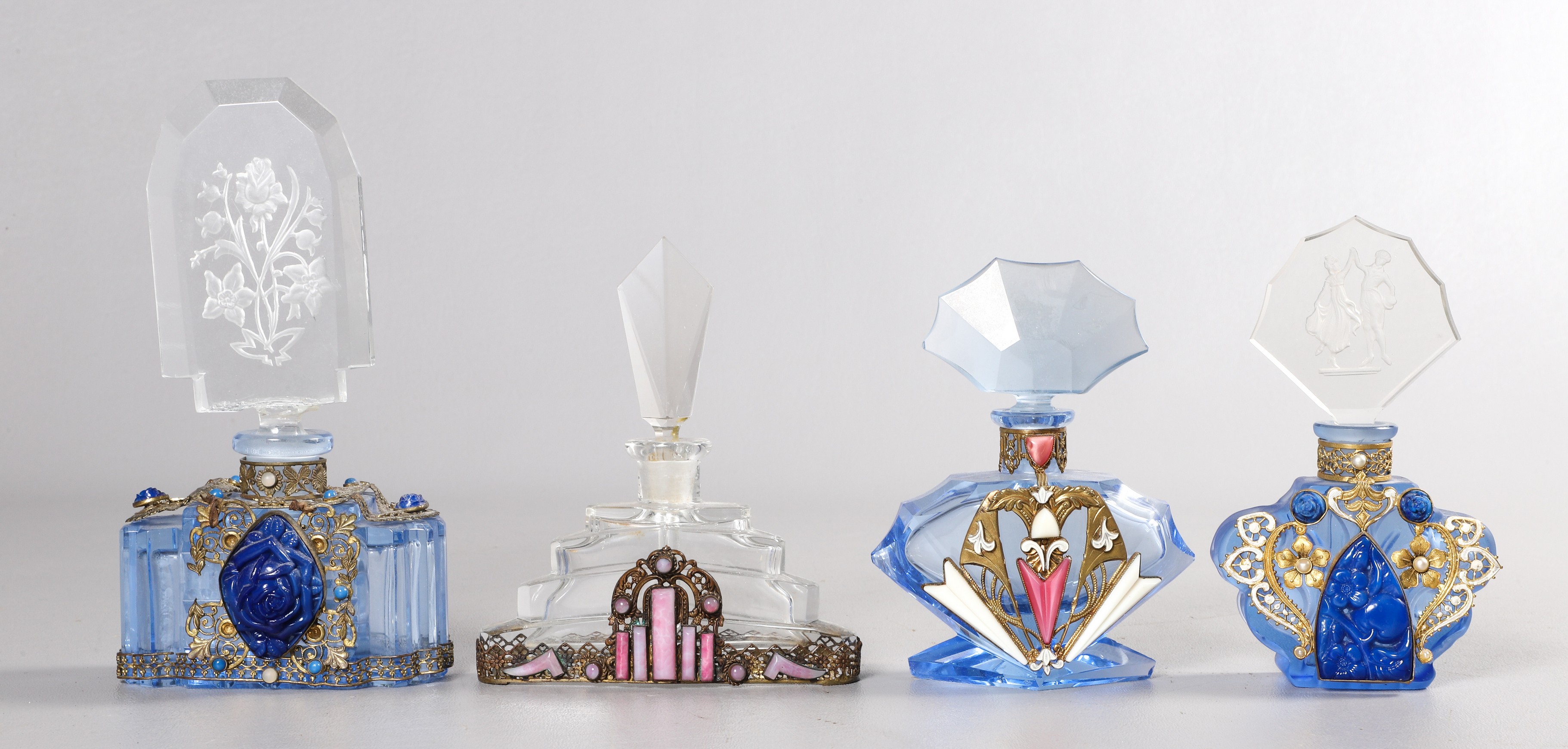 (4) Czech art deco scent bottles to