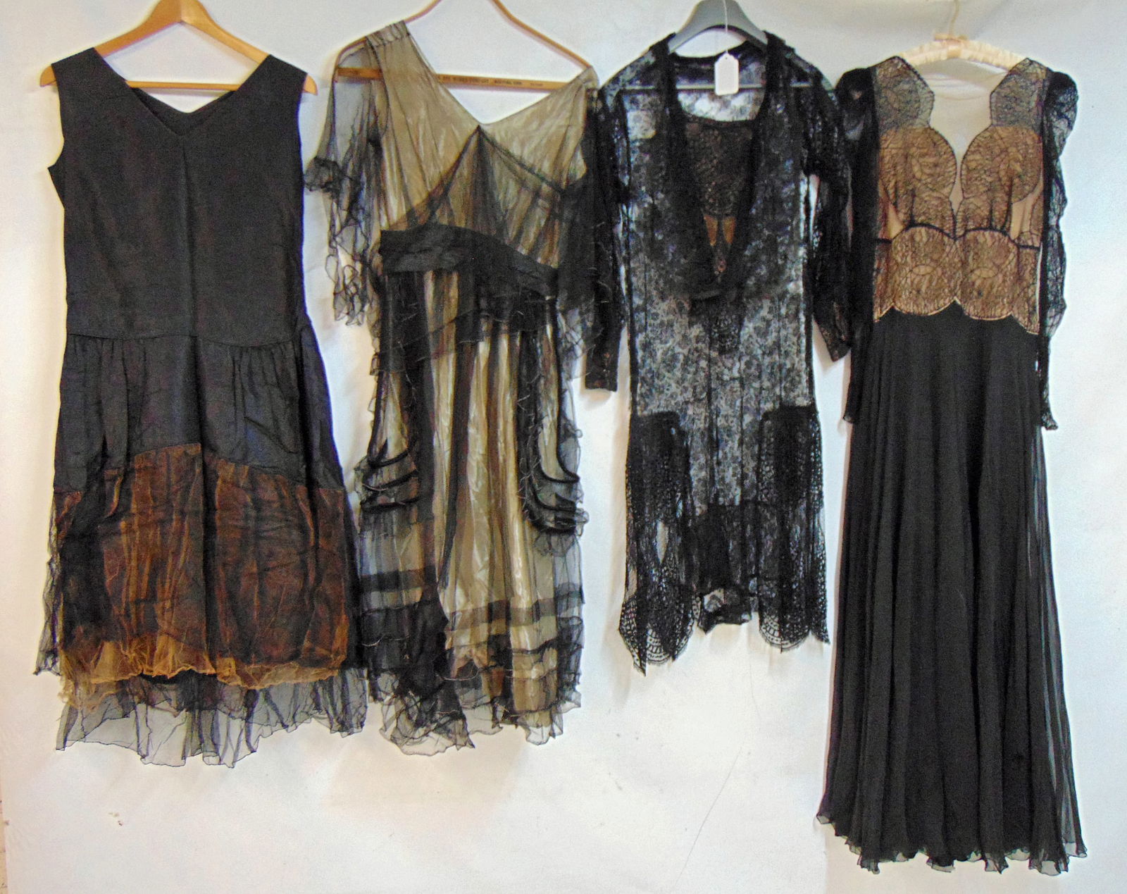 4 EARLY 20TH C. BLACK DRESSES LACE,