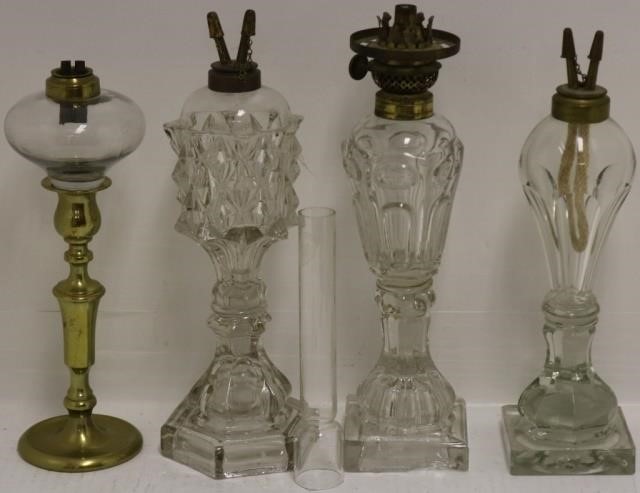 4 EARLY WHALE OIL LAMPS TO