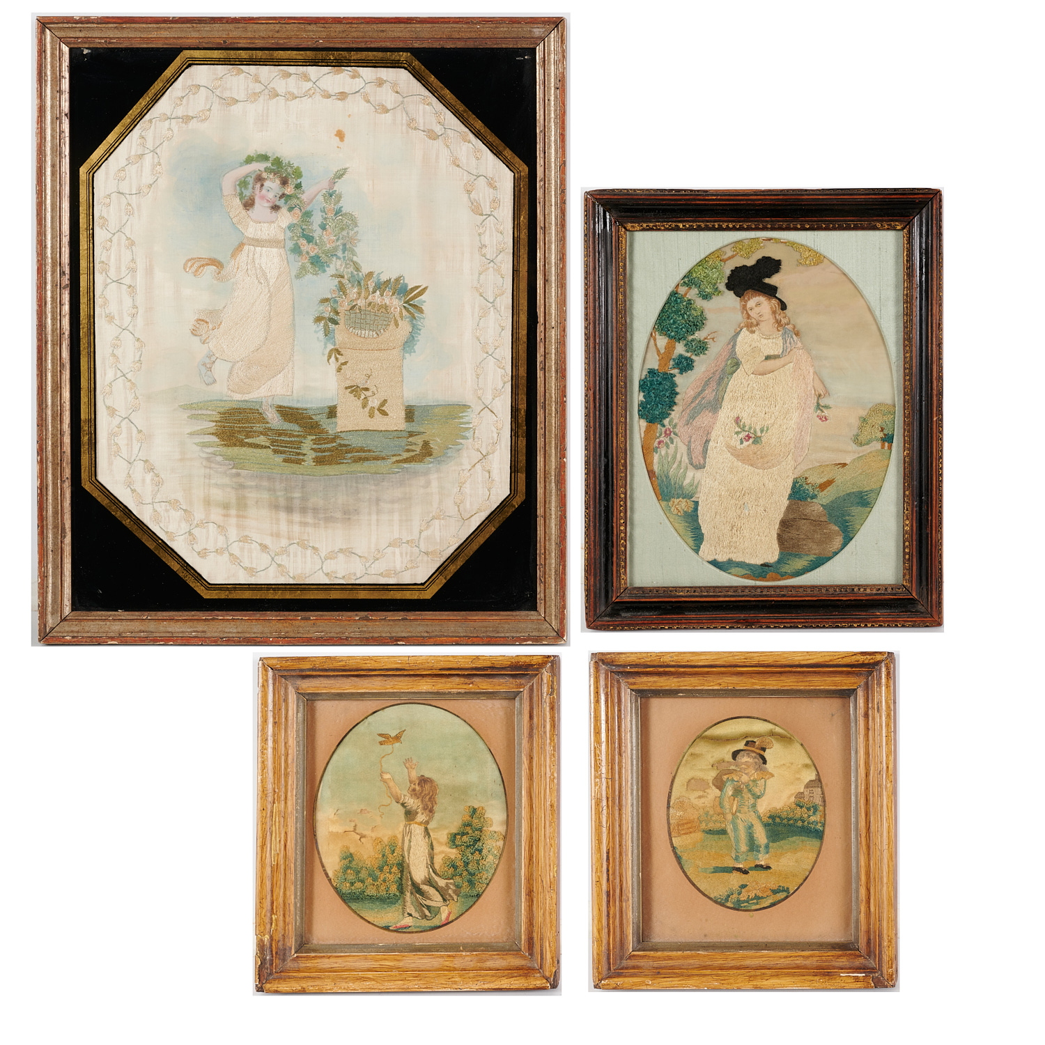 (4) ENGLISH PAINTED SILK-WORK