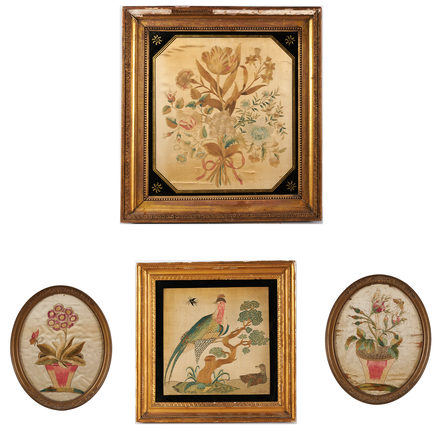 (4) FRAMED SILK EMBROIDERY WORKS