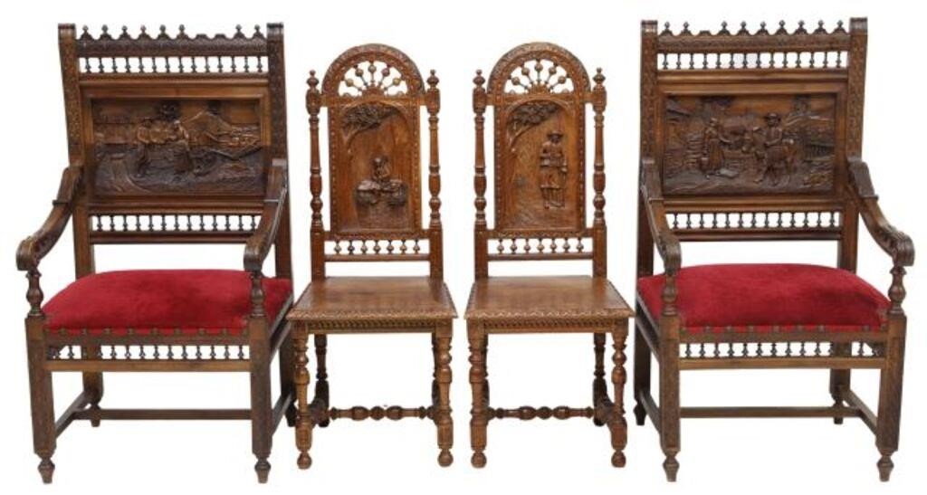 (4) FRENCH BRETON CARVED OAK ARM