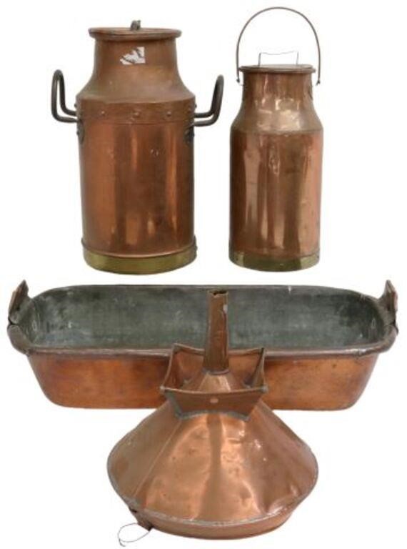 (4) FRENCH COPPER MILK CANS, FUNNEL