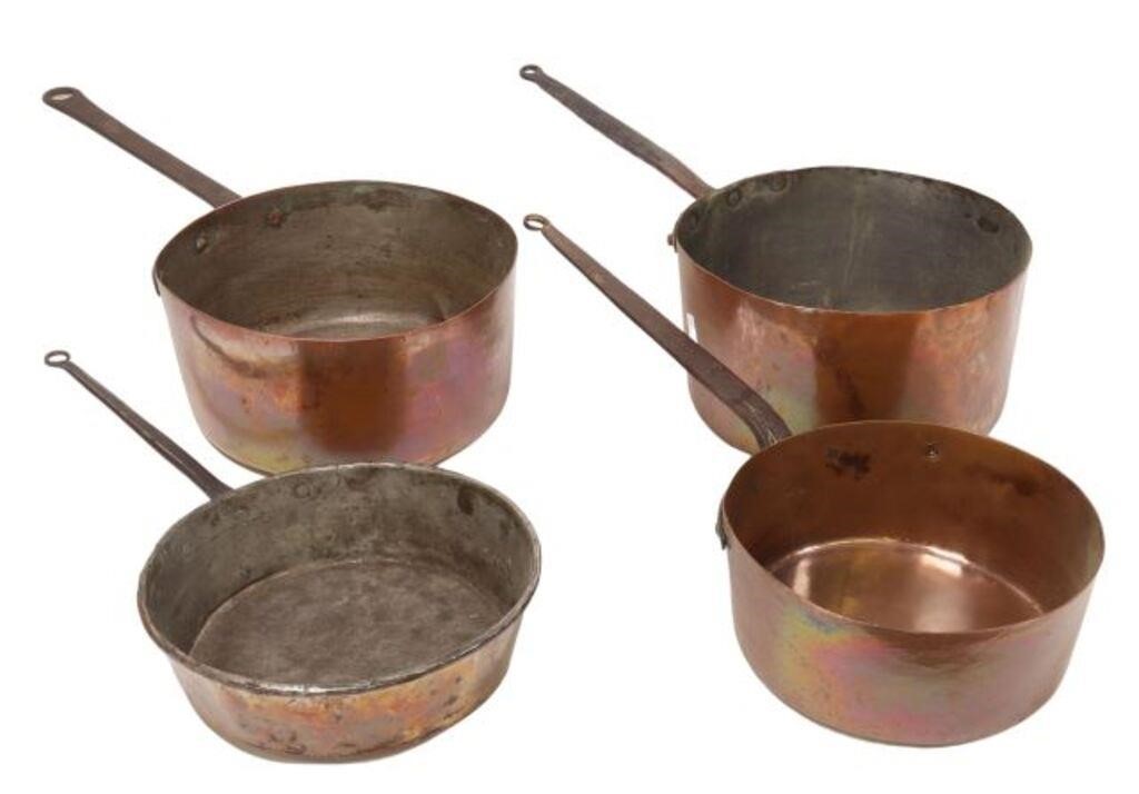 (4) GRADUATED COPPER PANS WITH IRON