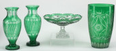 (4) GREEN-FLASHED CUT-GLASS VA