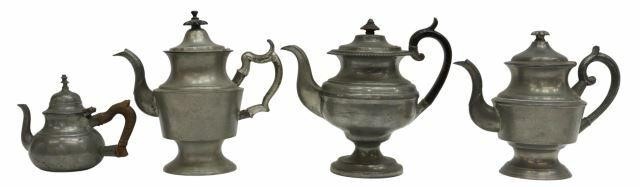 (4) GROUP OF PEWTER TEAPOTS,