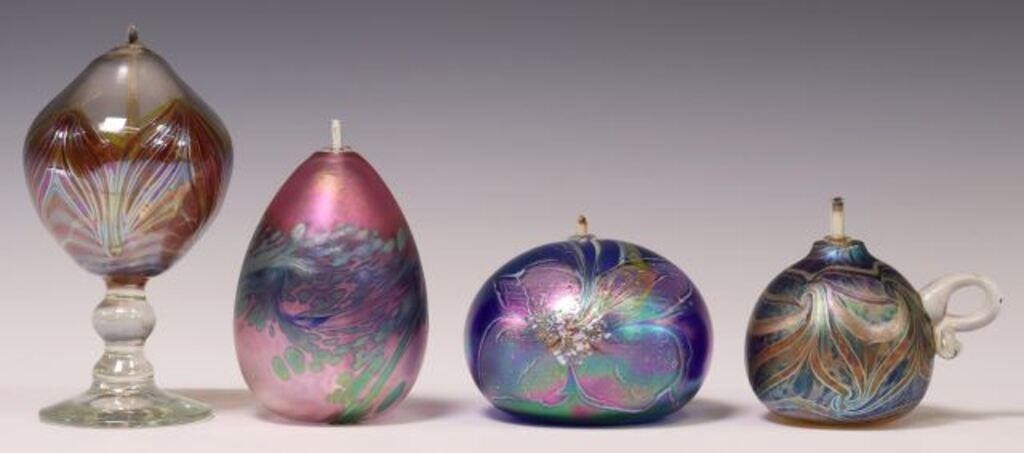 (4) HAND BLOWN ART GLASS OIL LAMPS,