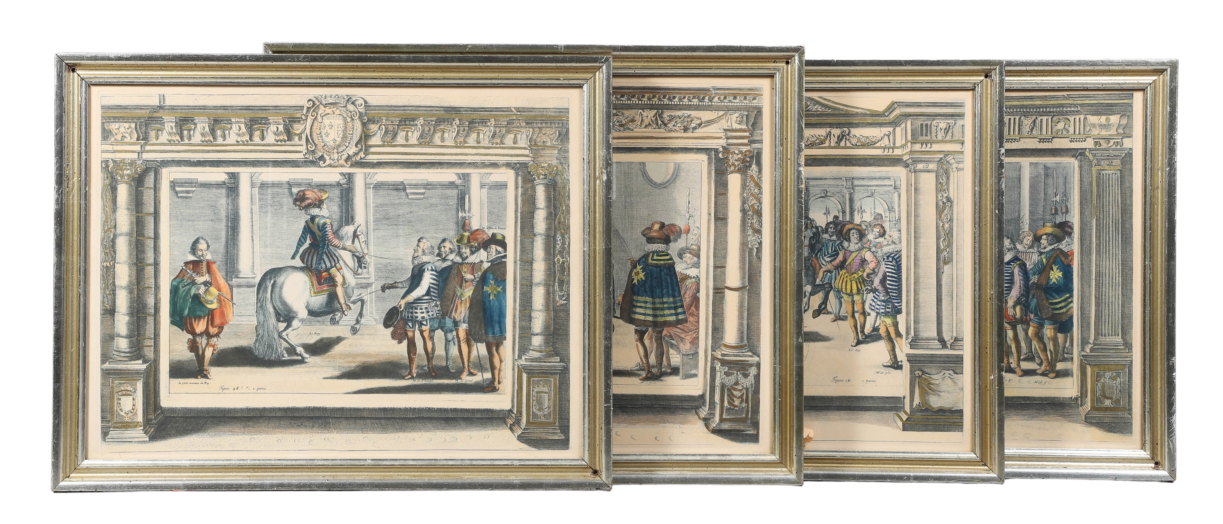 (4) Hand colored prints, in matched