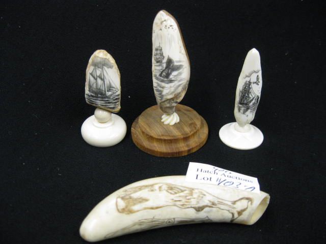 4 Ivory Scrimshaw Whale Teeth