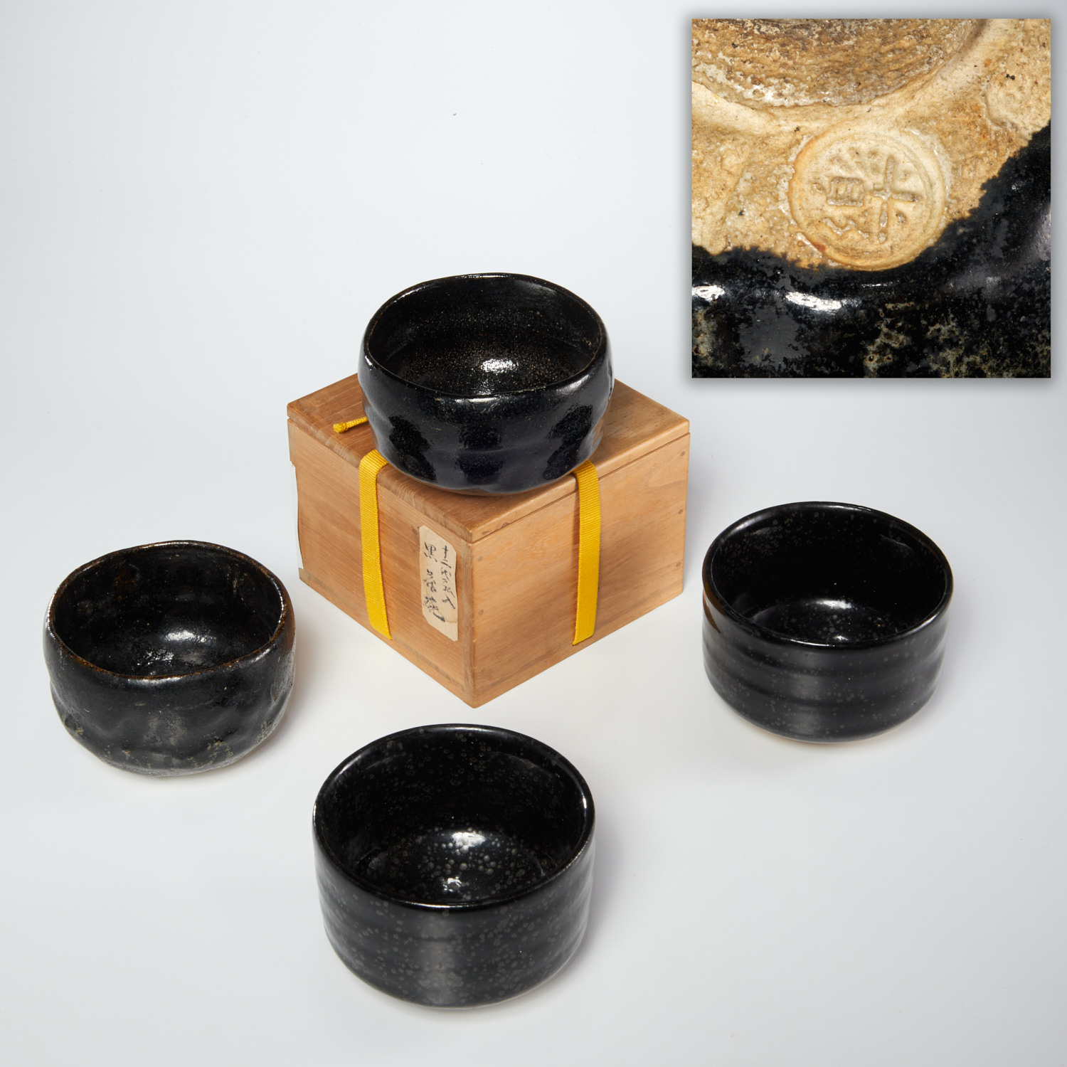 (4) JAPANESE BLACK RAKU CHAWAN
