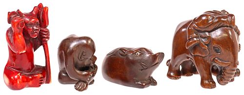 (4) JAPANESE CARVED HARDWOOD
