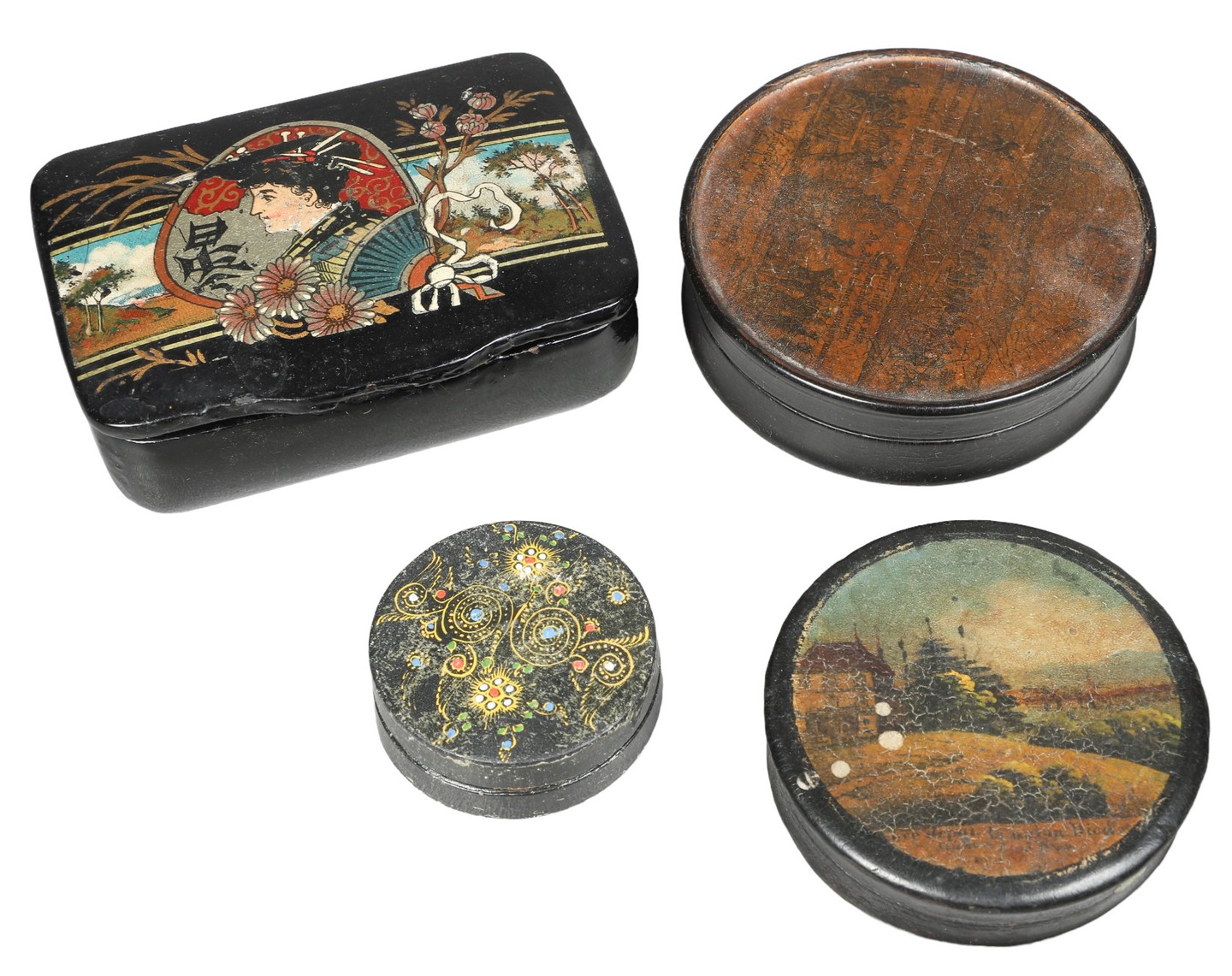 (4) Lacquer snuff & pill boxes, c/o