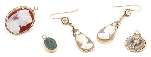 4 LADIES GOLD & CAMEO JEWELRY