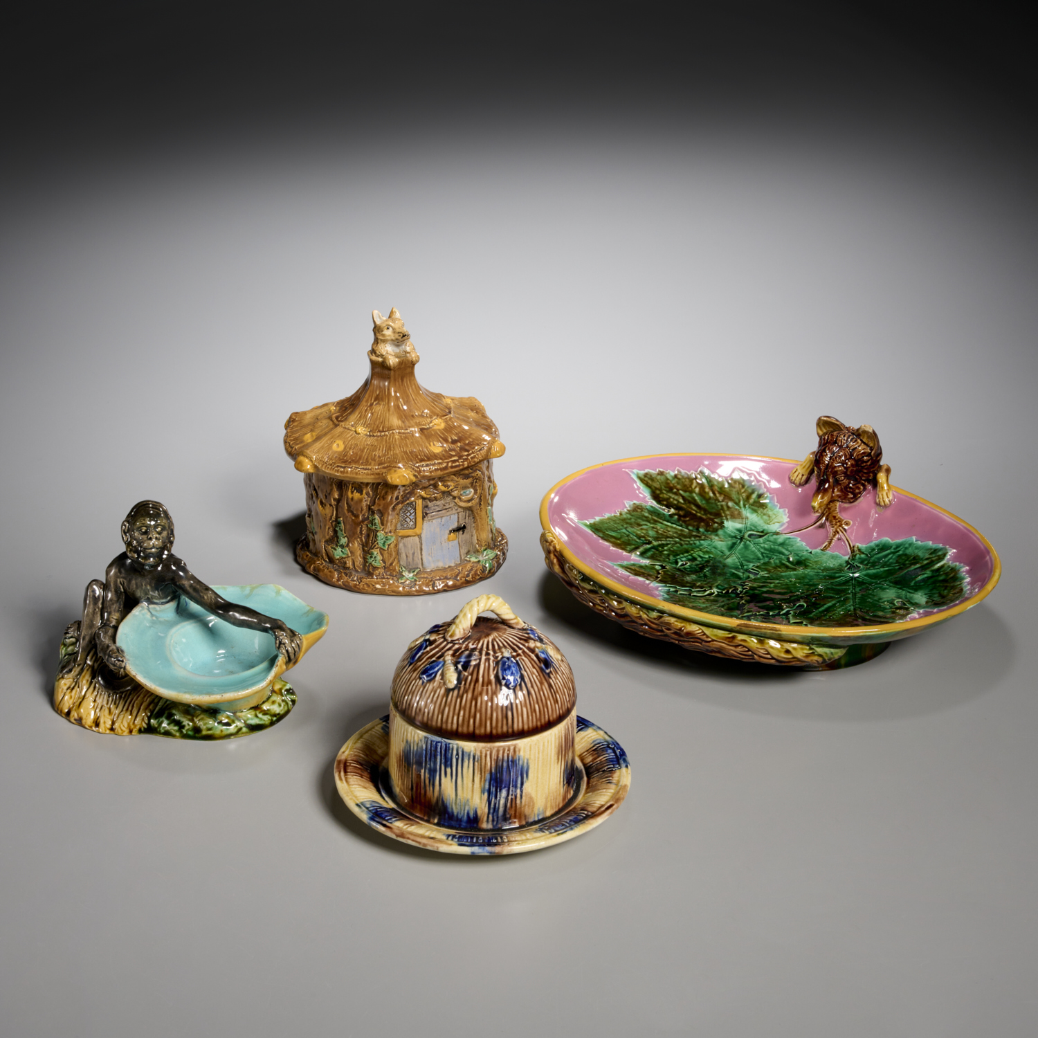 (4) MAJOLICA ANIMAL TABLEWARES,