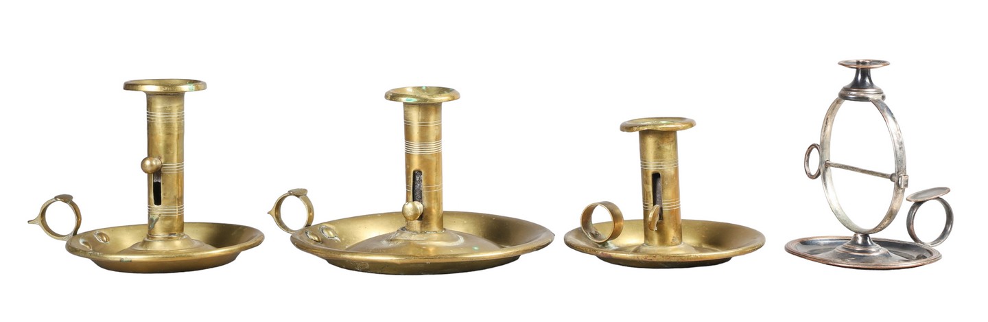 (4) Metal chamber candlesticks, c/o