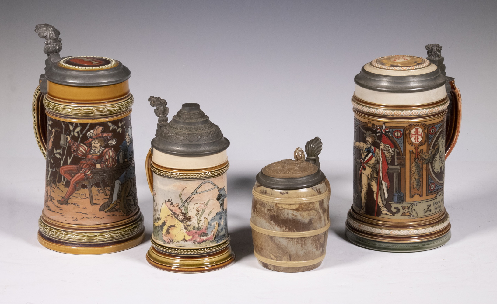 (4) METTLACH PEWTER MOUNTED POTTERY